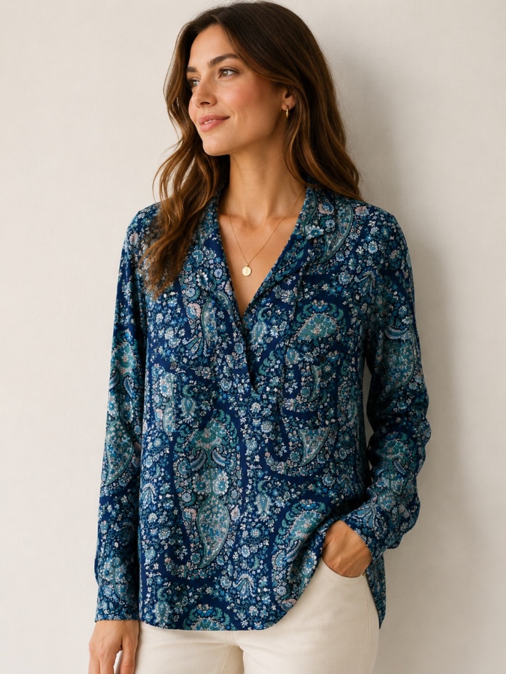 J.Crew 100% Silk Paisley Floral Blue Popover Blouse Top Long Sleeve Women’s SZ L